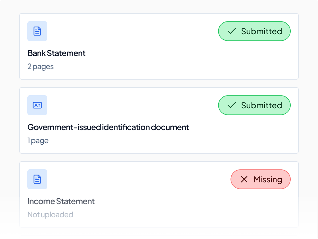 Document checklist showing Bank Statement, Government ID, and Income Statement with submission status